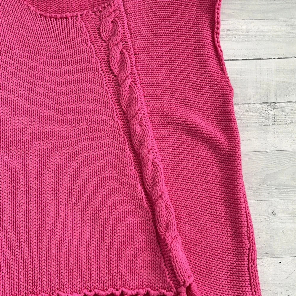 JS71 Hot Pink Fringe Braided Knit Sleeveless Sweater - Picture 3 of 5